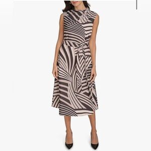 Calvin Klein Womens Satin Sleeveless Geometric A-line black cream Midi Dress Sm